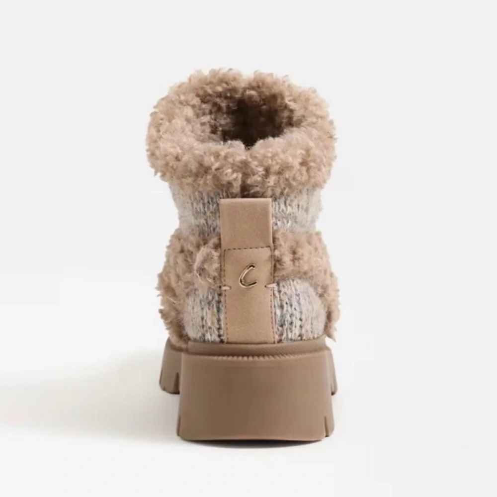 Sam Edelman Tan Knit Faux-Shearling Lug Ankle Boots